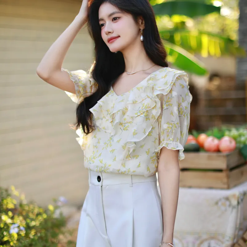 KUNZHUDAXIANG Summer Fashion Choice Shirt Women's Yellow Floral-3