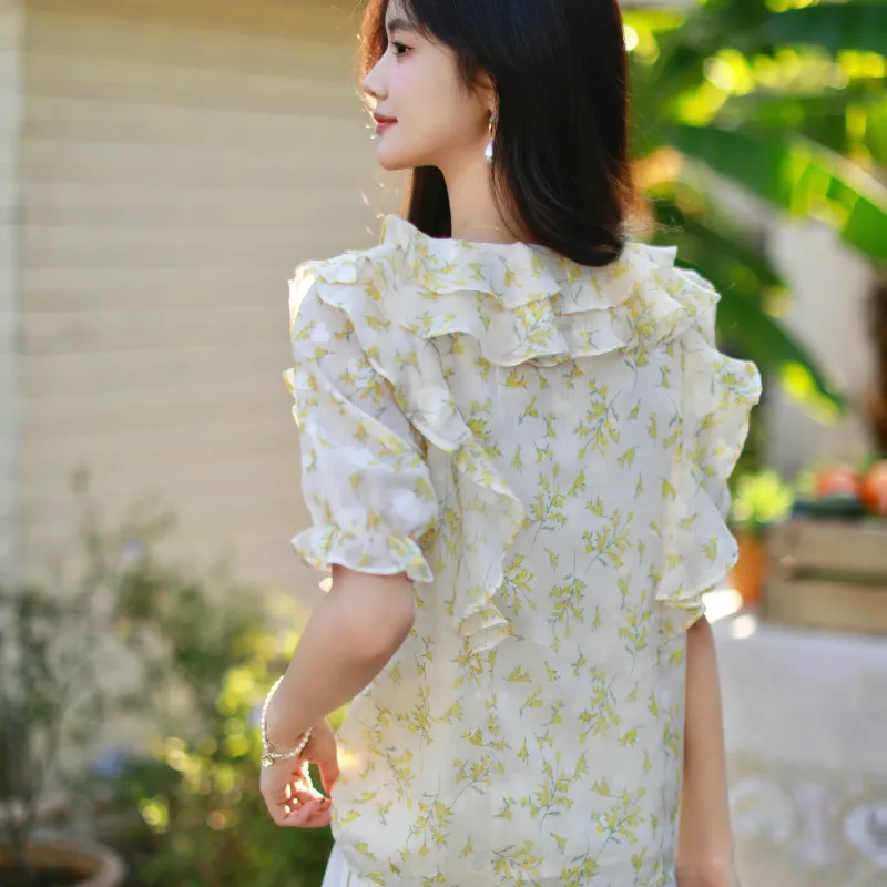 KUNZHUDAXIANG Summer Fashion Choice Shirt Women's Yellow Floral-4