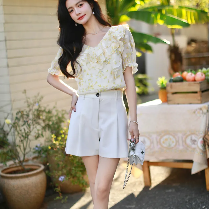 KUNZHUDAXIANG Summer Fashion Choice Shirt Women's Yellow Floral-2