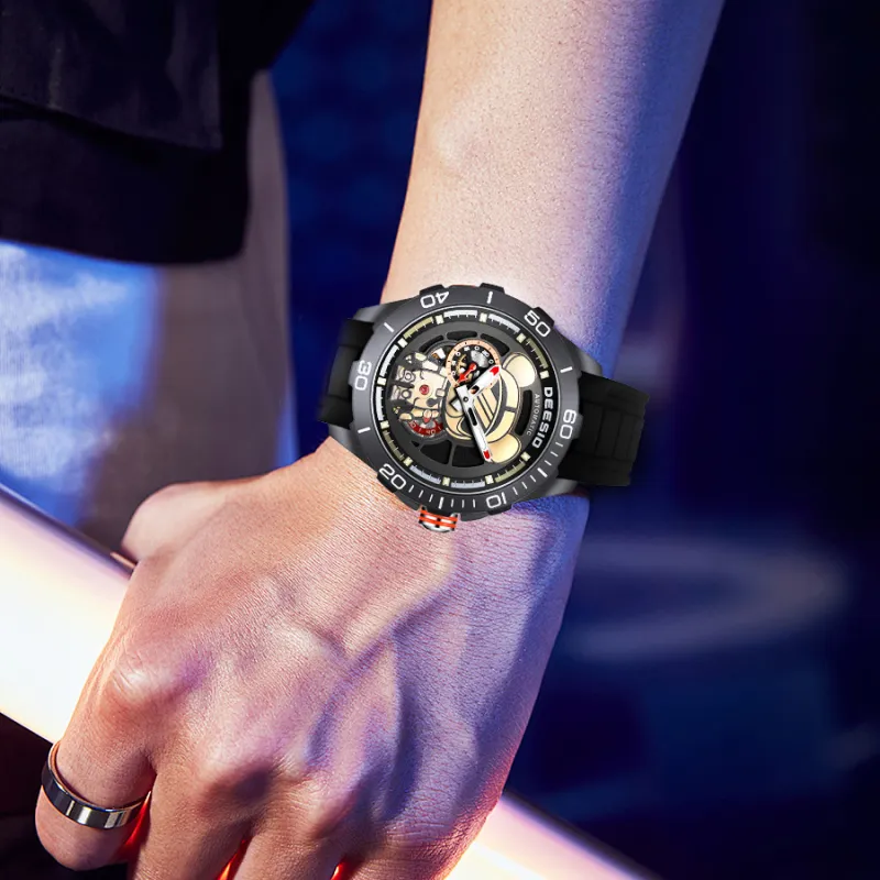 DEESIO Charismatic Bear Collection Automatic Mechanical Movement Rubber Strap Men's Watches Black Dial-9