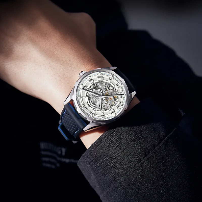DEESIO Automatic Mechanical Movement Rubber Strap Men's Watches Cut Out Dial-6