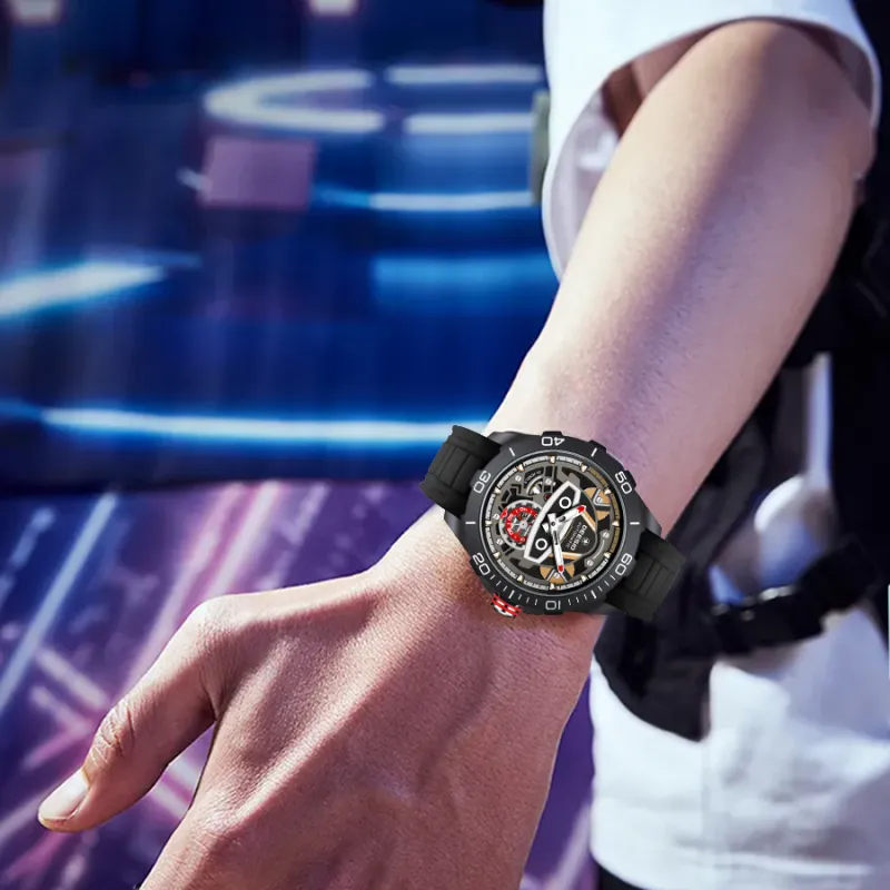 DEESIO Automatic Mechanical Movement Rubber Strap Watch Unisex Red Watch Dial-7
