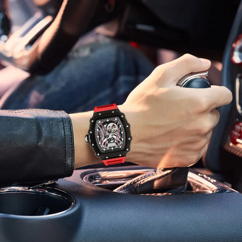 DEESIO Automatic Mechanical Movement Silicone Strap Watch Unisex Cut Out Dial-5