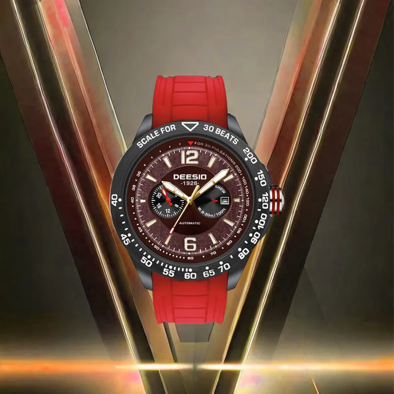 DEESIO Warrior Collection Automatic Mechanical Movement Silicone Strap Chinese Watches Men's Watches Red Watch Dial-2