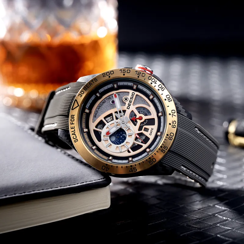 DEESIO Sun Moon Star Collection Automatic Mechanical Movement Rubber Strap Watch Men's Watches Silver Dial-5