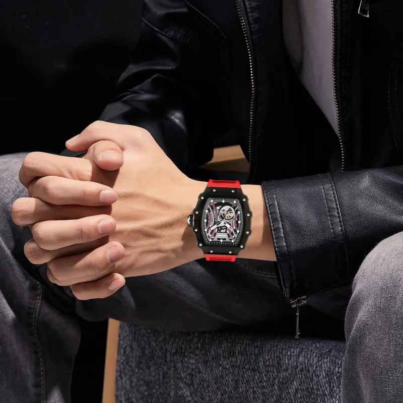 DEESIO Automatic Mechanical Movement Silicone Strap Watch Unisex Cut Out Dial-3
