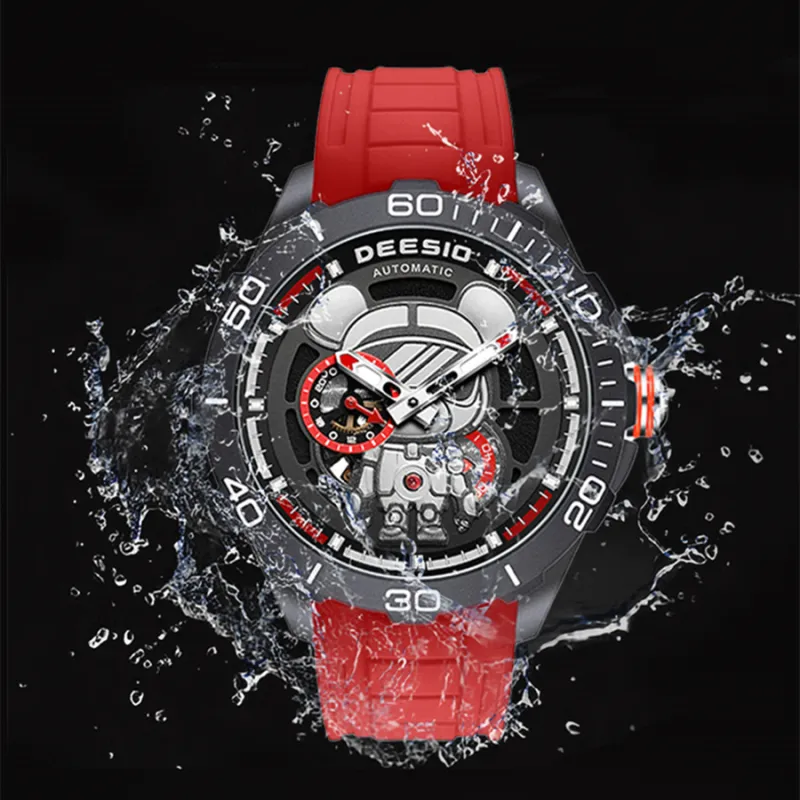 DEESIO Charismatic Bear Collection Automatic Mechanical Movement Rubber Strap Men's Watches Black Dial-3