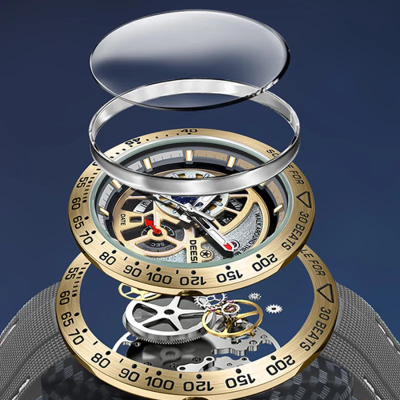 DEESIO Sun Moon Star Collection Automatic Mechanical Movement Rubber Strap Watch Men's Watches Silver Dial-7