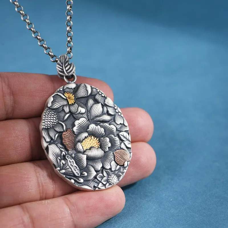 JINLUWANG Peaceful Joy Prosperity Peony Handcrafted Double Sided Misunderstood Elegant Classical Style Pendant Women's-5