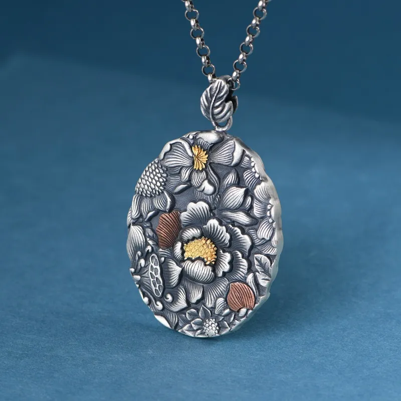 JINLUWANG Peaceful Joy Prosperity Peony Handcrafted Double Sided Misunderstood Elegant Classical Style Pendant Women's-2