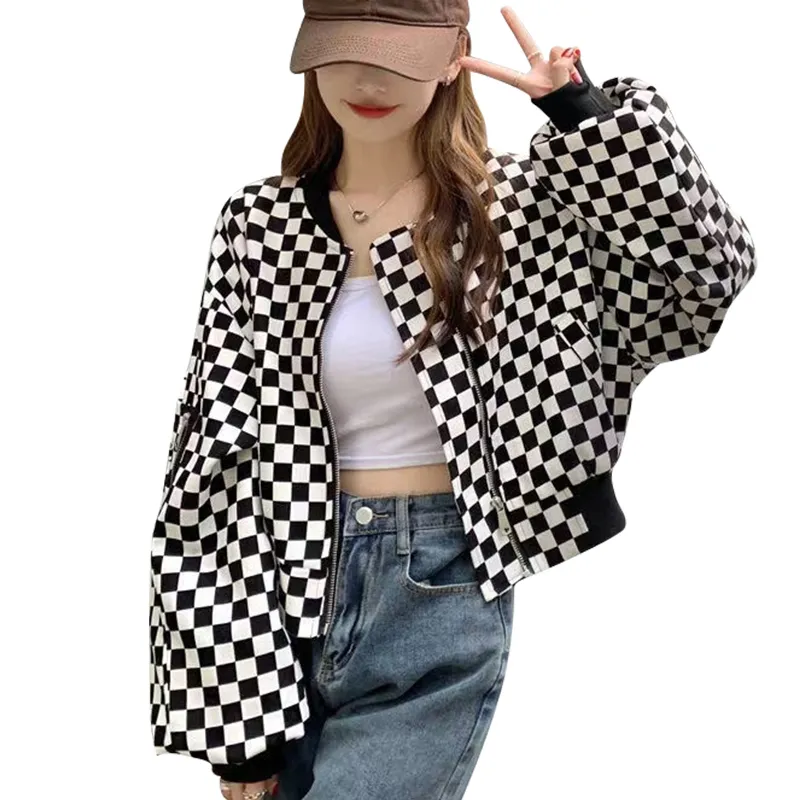 ROBINHOOD Baseball Jacket Unisex Black White Plaid-3