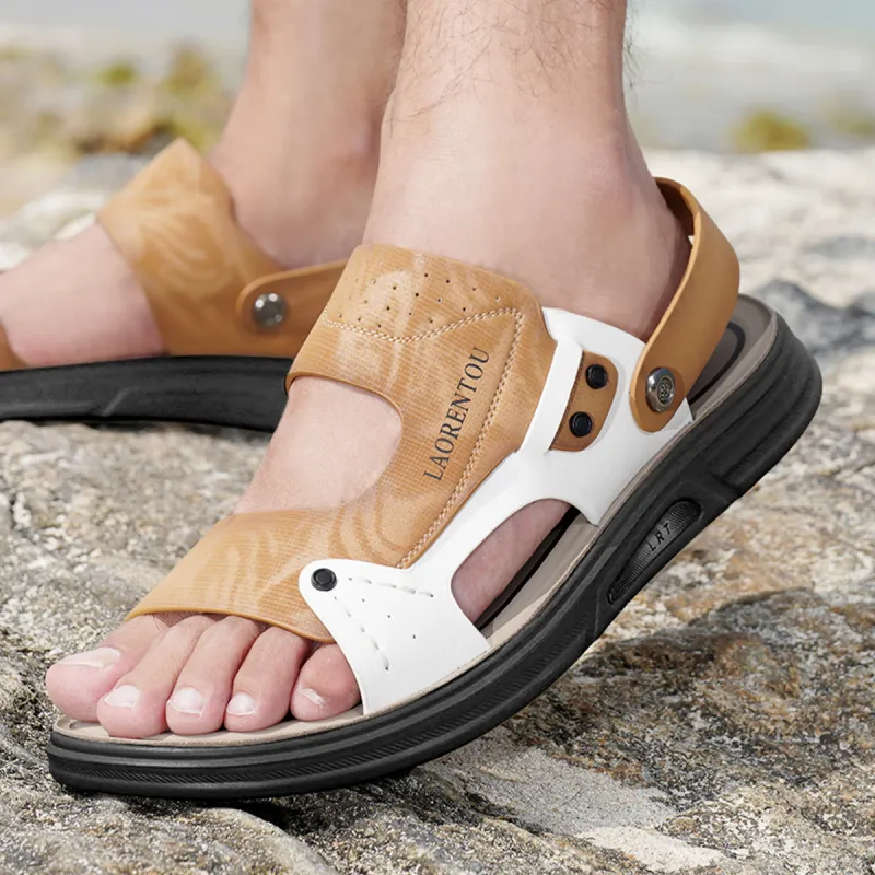 LAORENTOU Beach Sandals Men Gray White/Yellow White-23