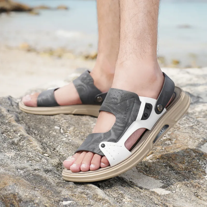 LAORENTOU Beach Sandals Men Gray White/Yellow White-5