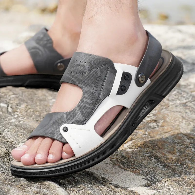 LAORENTOU Beach Sandals Men Gray White/Yellow White-16