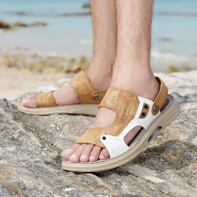 LAORENTOU Beach Sandals Men Gray White/Yellow White-10