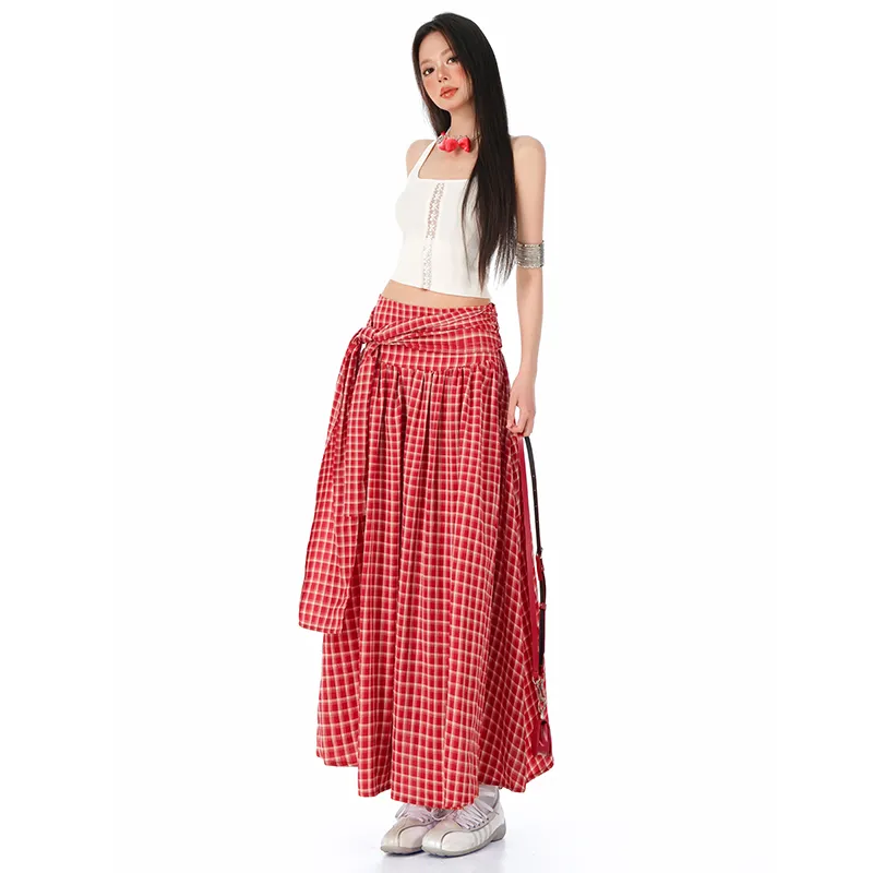 Kazakhstan Casual Long Skirt Women's Red Plaid-1