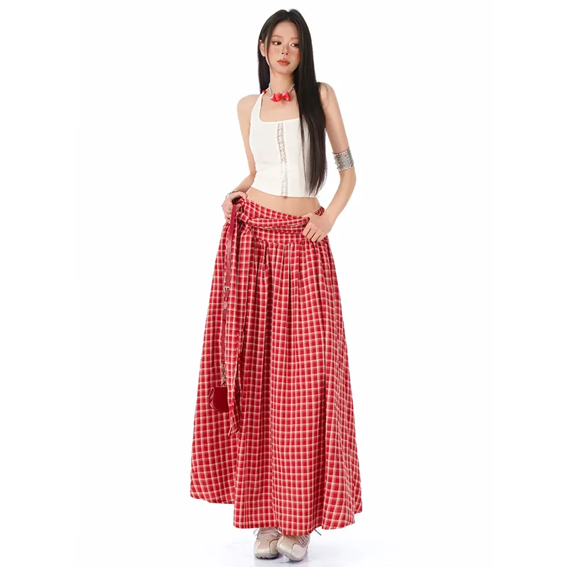 Kazakhstan Casual Long Skirt Women's Red Plaid-3