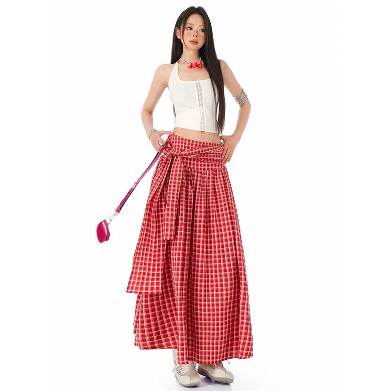 Kazakhstan Casual Long Skirt Women's Red Plaid-2