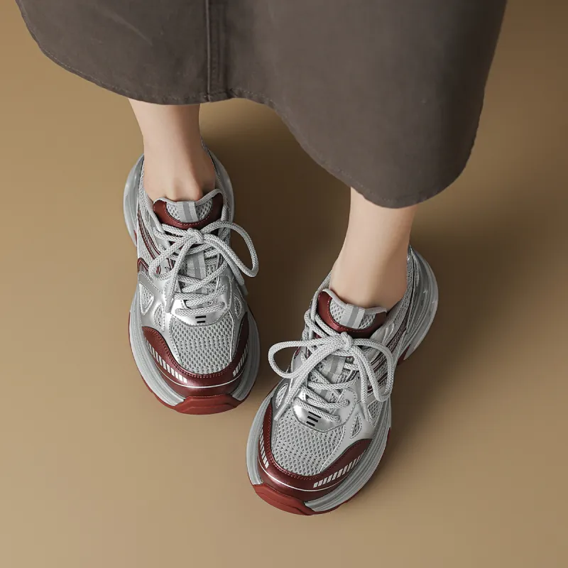 OCCAMAN Breathable Lightweight Low Top Chunky Sneakers Women's Burgundy-5