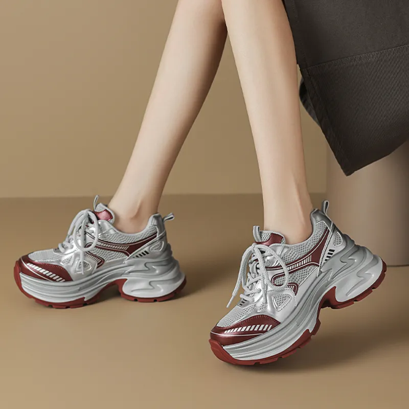 OCCAMAN Breathable Lightweight Low Top Chunky Sneakers Women's Burgundy-3