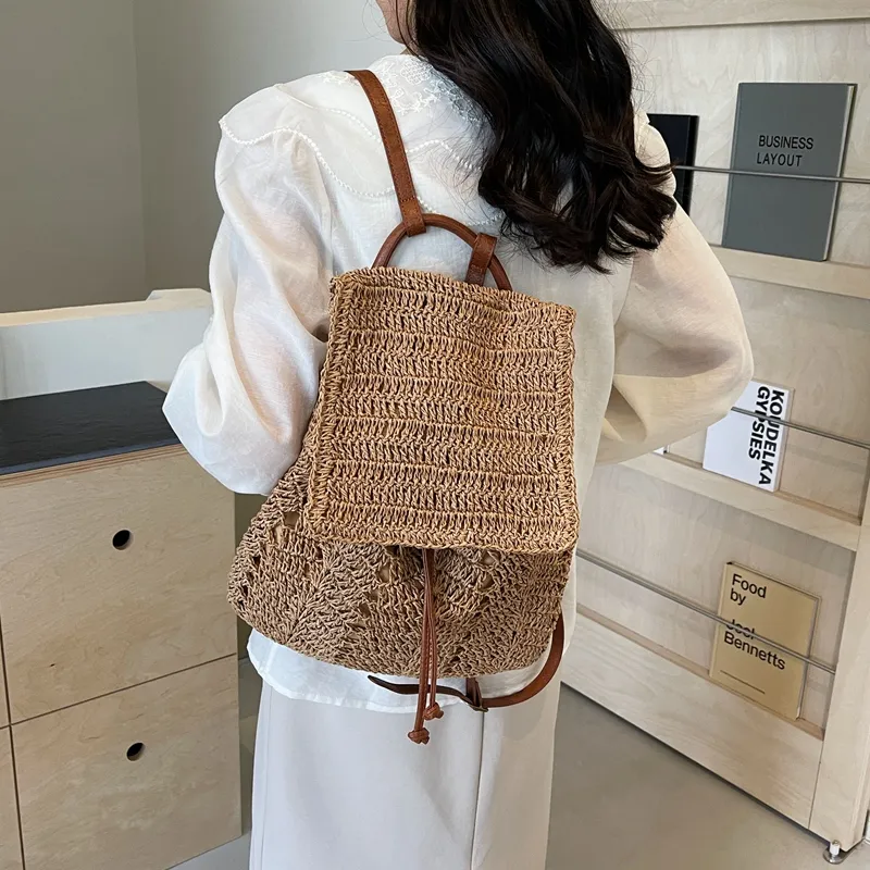 WXRX Straw Woven Backpack Women's Ecru/Khaki-7