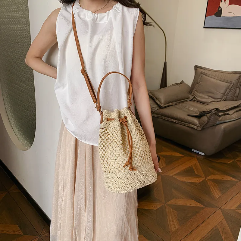 WXRX Woven Crossbody One Shoulder Handbag Women's Ecru/Khaki-2