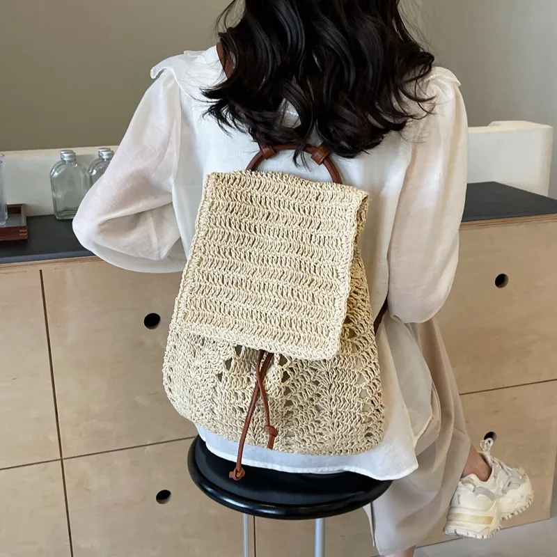 WXRX Straw Woven Backpack Women's Ecru/Khaki-2