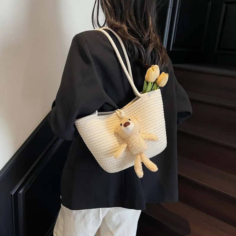 WXRX Chunky Yarn Woven Shoulder Bag Women's Ecru Floral/Khaki Floral/Ecru Bear/Khaki Bear-13