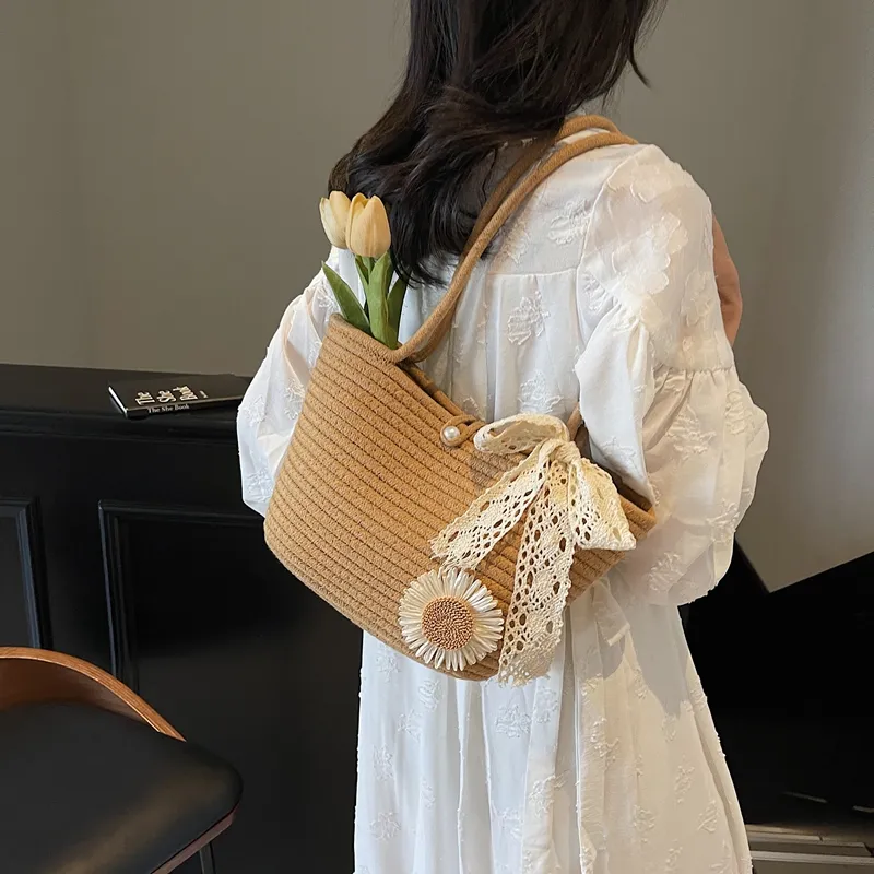 WXRX Chunky Yarn Woven Shoulder Bag Women's Ecru Floral/Khaki Floral/Ecru Bear/Khaki Bear-9