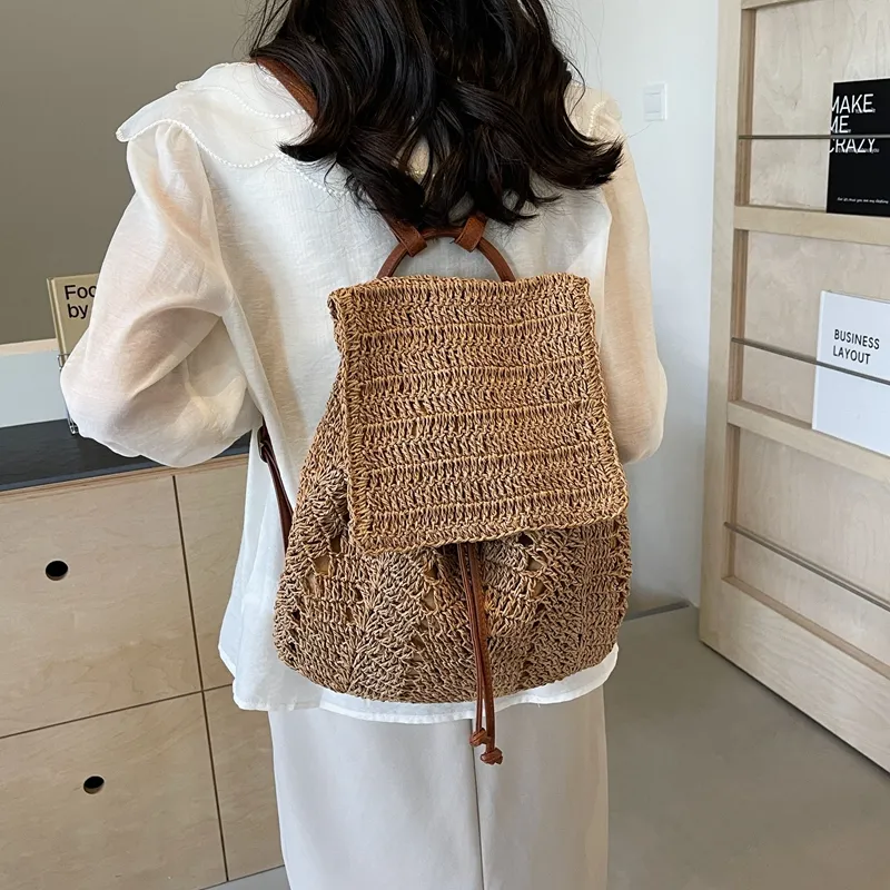 WXRX Straw Woven Backpack Women's Ecru/Khaki-10