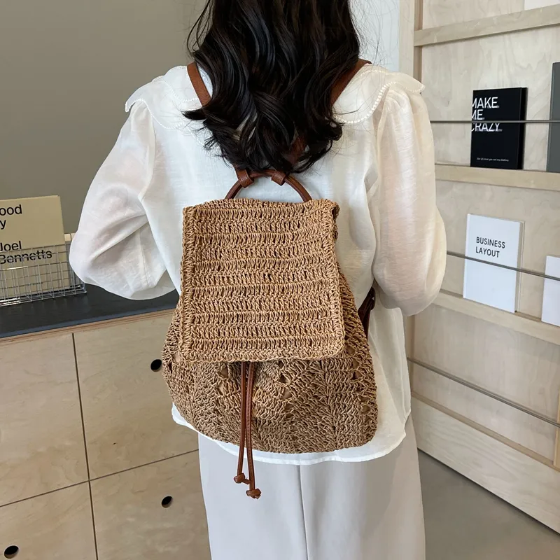 WXRX Straw Woven Backpack Women's Ecru/Khaki-11