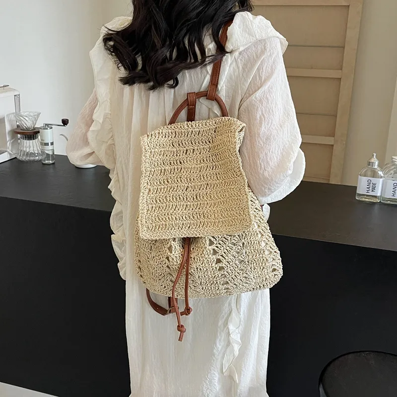 WXRX Straw Woven Backpack Women's Ecru/Khaki-5