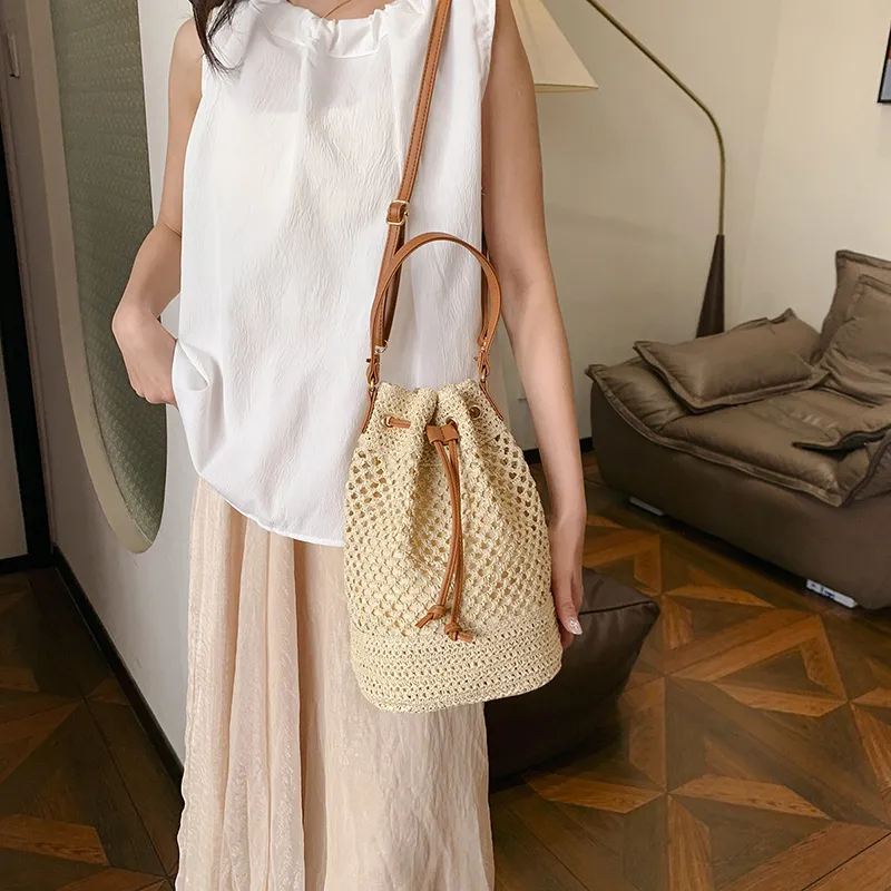 WXRX Woven Crossbody One Shoulder Handbag Women's Ecru/Khaki-4