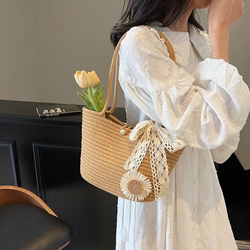 WXRX Chunky Yarn Woven Shoulder Bag Women's Ecru Floral/Khaki Floral/Ecru Bear/Khaki Bear-10
