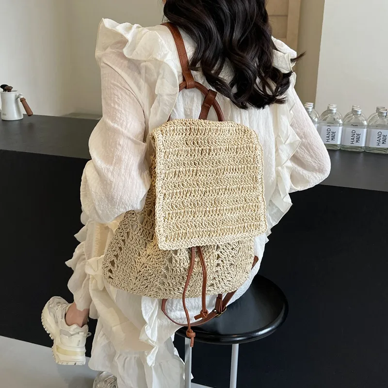 WXRX Straw Woven Backpack Women's Ecru/Khaki-4