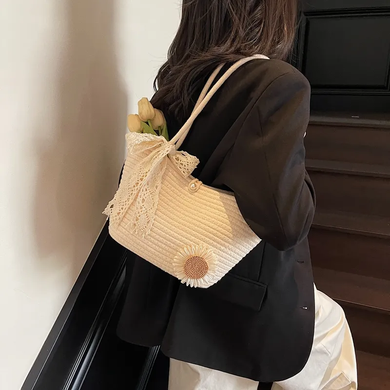 WXRX Chunky Yarn Woven Shoulder Bag Women's Ecru Floral/Khaki Floral/Ecru Bear/Khaki Bear-4