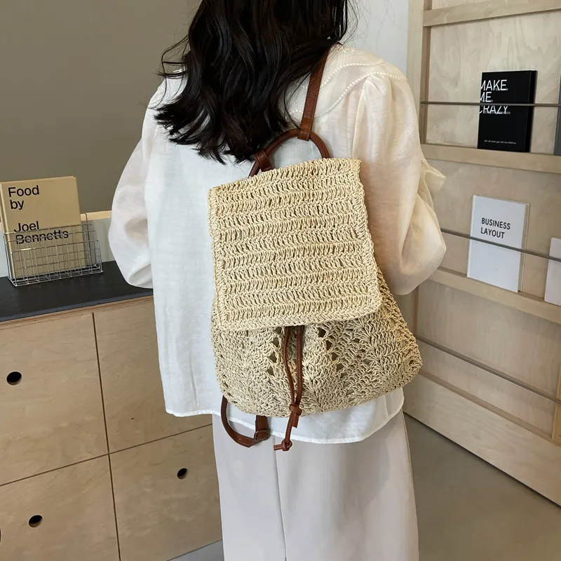 WXRX Straw Woven Backpack Women's Ecru/Khaki-1