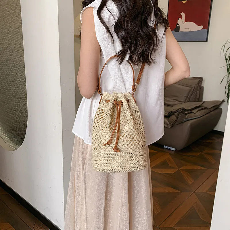 WXRX Woven Crossbody One Shoulder Handbag Women's Ecru/Khaki-3