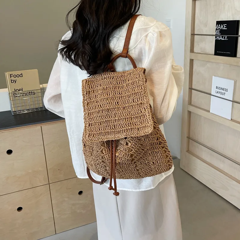 WXRX Straw Woven Backpack Women's Ecru/Khaki-9