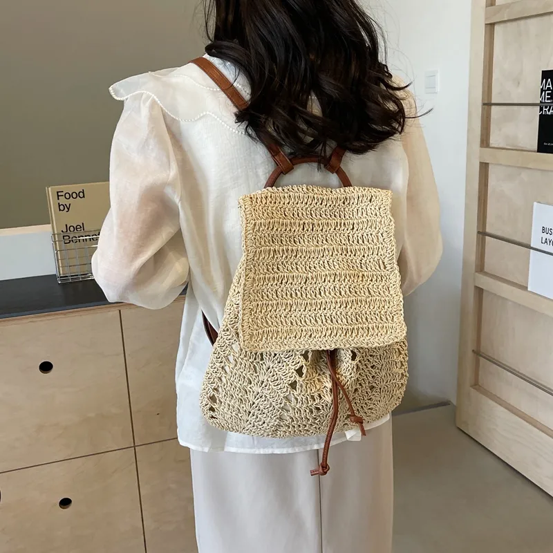 WXRX Straw Woven Backpack Women's Ecru/Khaki-3
