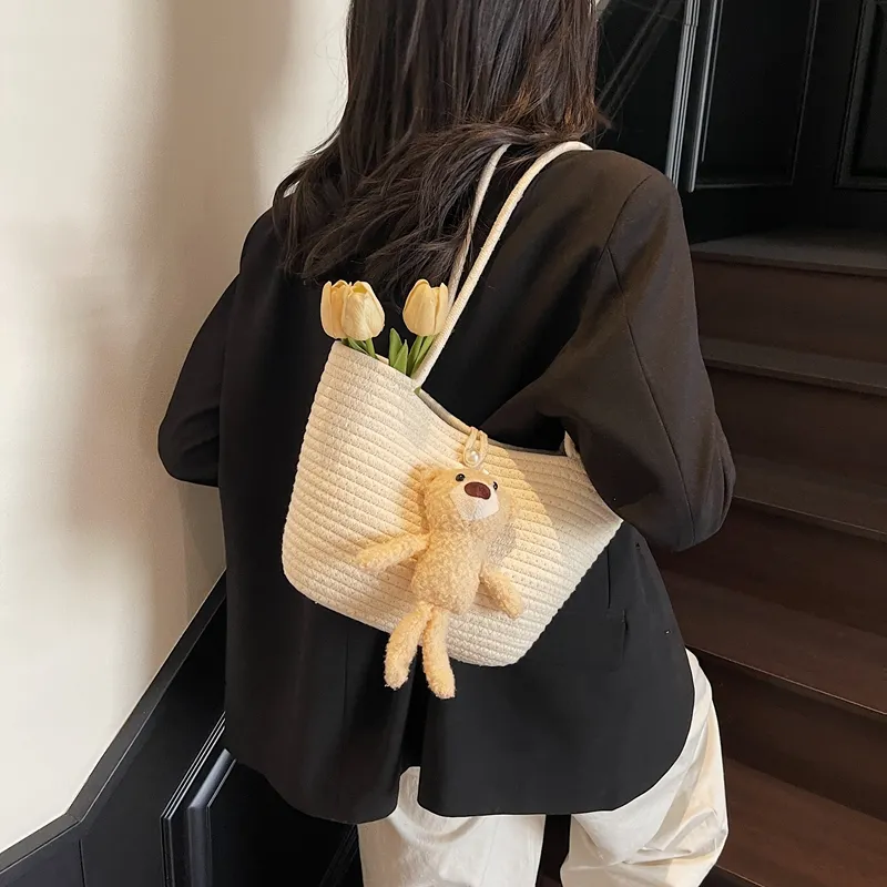 WXRX Chunky Yarn Woven Shoulder Bag Women's Ecru Floral/Khaki Floral/Ecru Bear/Khaki Bear-16