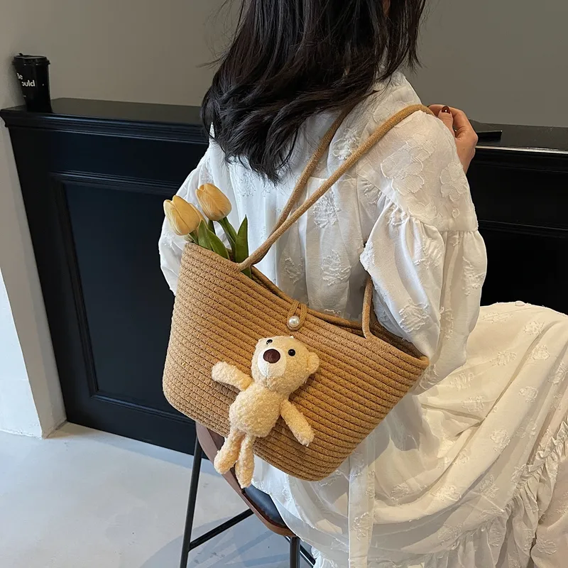 WXRX Chunky Yarn Woven Shoulder Bag Women's Ecru Floral/Khaki Floral/Ecru Bear/Khaki Bear-22