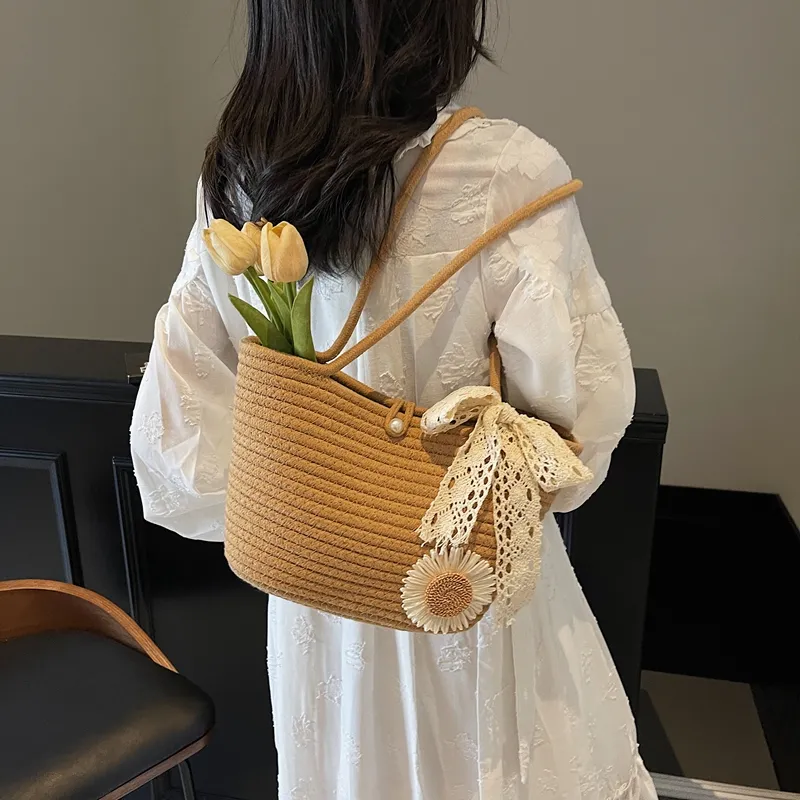 WXRX Chunky Yarn Woven Shoulder Bag Women's Ecru Floral/Khaki Floral/Ecru Bear/Khaki Bear-8