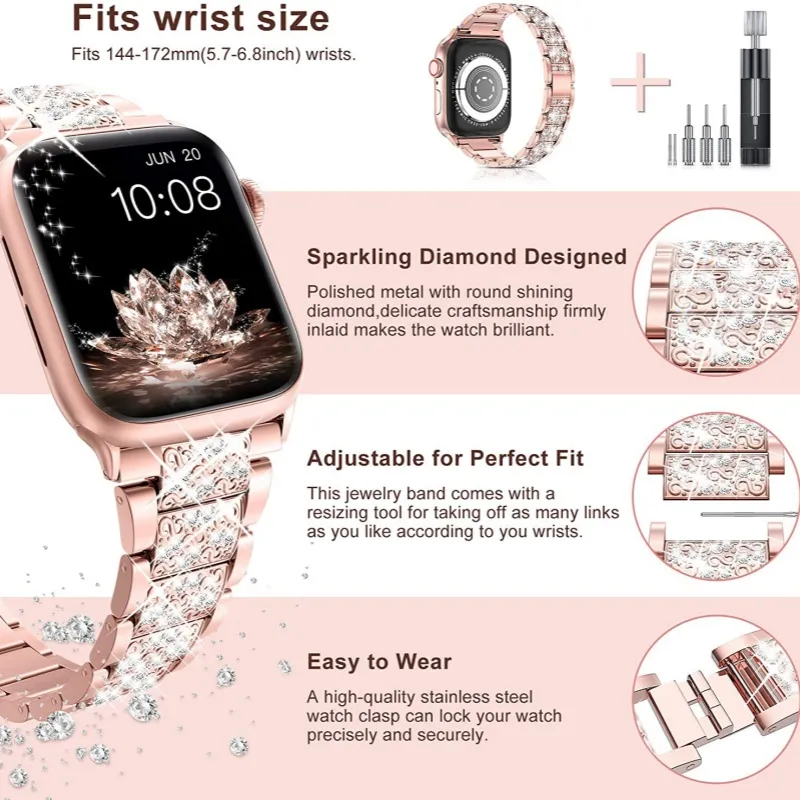 CHRROTA Compatibility Apple Three Bead S10 Rhinestone Embellished Watch Band Applewatch9 1 Full Collection All Strap-2