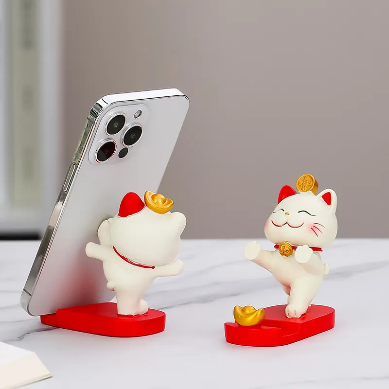 CHRROTA Phone Stands Floor Cartoon Lucky Cat Students' Lazy Drama Flat Little Cat Stand Desktop Office Ornament-2