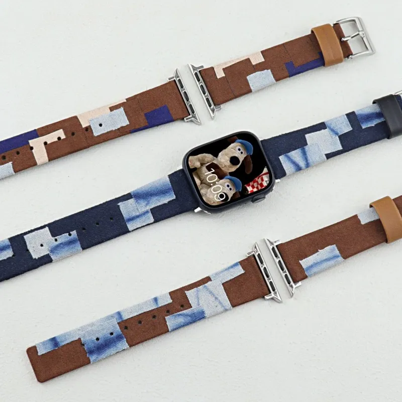 CHRROTA Mixed Denim Canvas Leather Strap Compatibility Apple Watch Apple Watch Iwatch 10/9876 Watch Strap-2