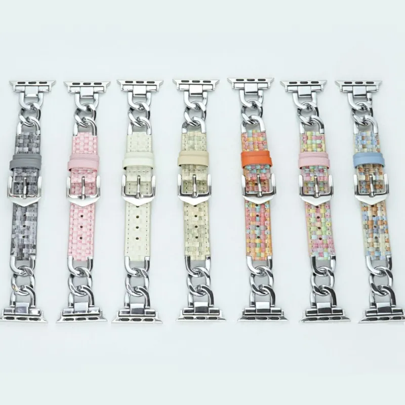 CHRROTA Compatibility S10 Apple Watch Iwatch10/98765SE New Single Breasted Metal Patchwork Leather Strap Watch Bands-4