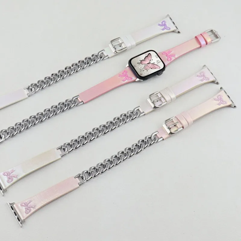 CHRROTA Mermaid Bowknot Double Loop Leather Strap Compatibility Apple Watch Apple Watch Iwatch 10/987654 Watch Strap-8