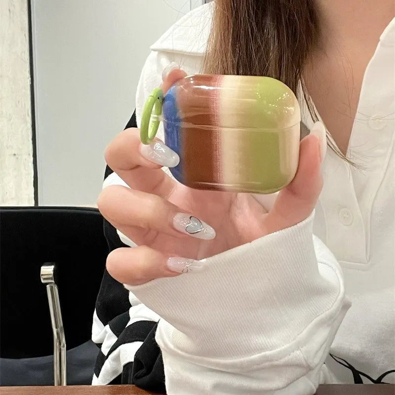CHRROTA Compatibility With Apple AirPods 4 TPU Green Brown Color Block Stripes Protective Cover Headphone Cases-1