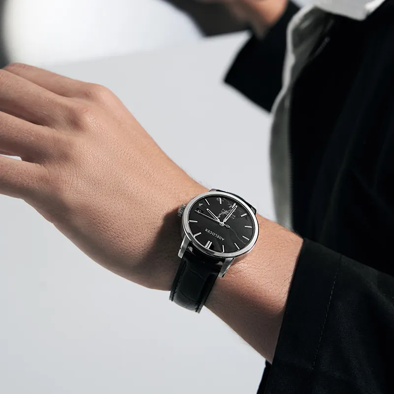 AGELOCER Automatic Mechanical Movement Genuine Leather Strap Watch Men's Watches Black Dial-2